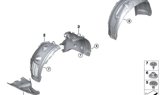 Protector paso de rueda delantero izquierdo OEM 51717427507 para BMW G06, F96. Original BMW.