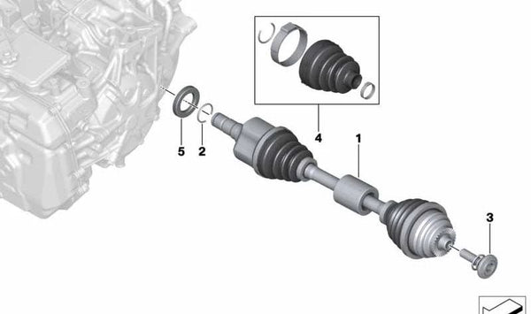 Eje de salida delantero izquierdo para BMW F40, F52, F44, F45N, F46N, F48, F49N, F39, MINI F54, F60 (OEM 31605A2E047). Original BMW