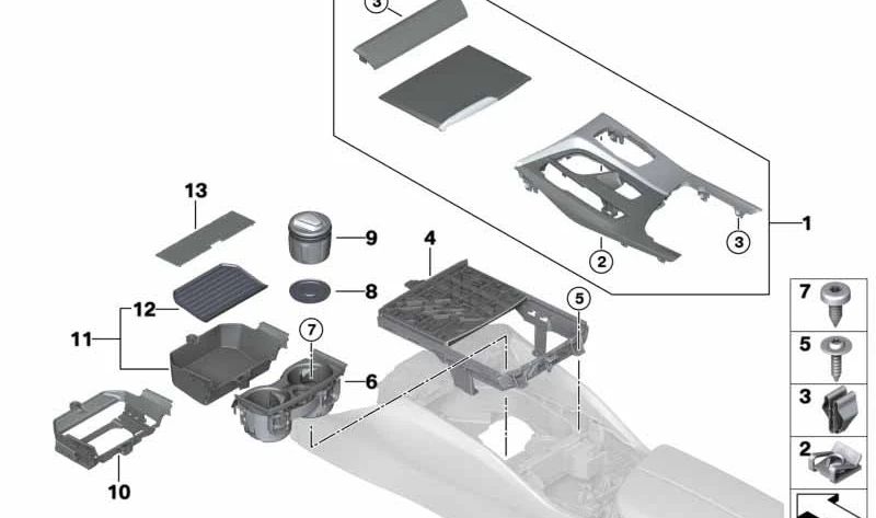 Center Console Cover for BMW 5 Series G30, G31, 6 Series G32 (OEM 51168071702). Original BMW