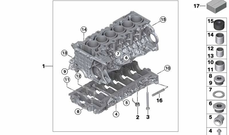 Cárter del cigüeñal con pistones para BMW Serie 3 E90, E91, E92, E93 y Serie 5 E60, E61, F10, F11, F18, X3 E83N, Z4 E85, E89 (OEM 11112334413). Original BMW