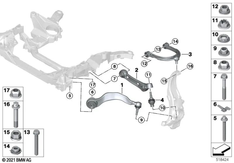 Lower suspension arm with rubber bushing right for BMW 7 Series G12, G12N (OEM 31106871544). Original BMW.