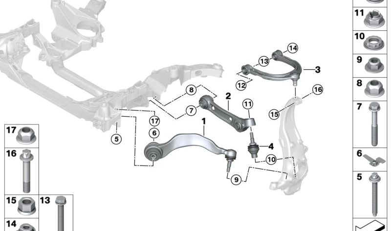 Brazo de control con soporte de goma derecho para BMW Serie 8 G14, G15, G16 (OEM 31106886908). Original BMW