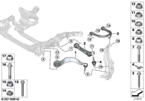 Tirante con cojinete de goma izquierdo para BMW Serie 5 G30, G30N, G31, Serie 6 G32, G32N (OEM 31106888765). Original BMW.