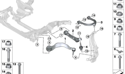 Rechter vorderer Suspensionsarm mit Silentblock OEM 31106861166 für BMW G30, G31, G38. Original BMW.