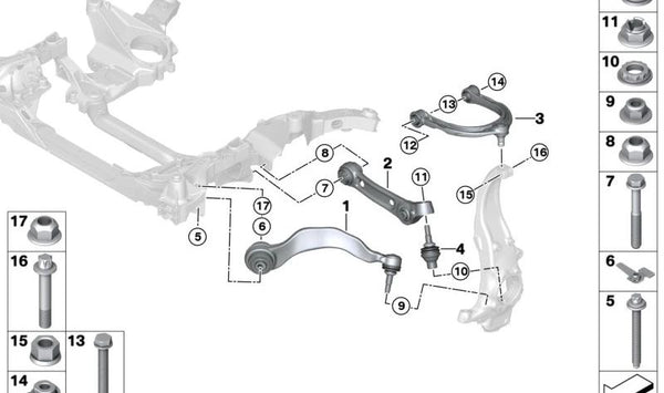 Brazo de suspensión corrección de caída superior derecha para BMW Serie 5 F90, F90N, Serie 8 F91, F92, F93 (OEM 31108053328). Original BMW