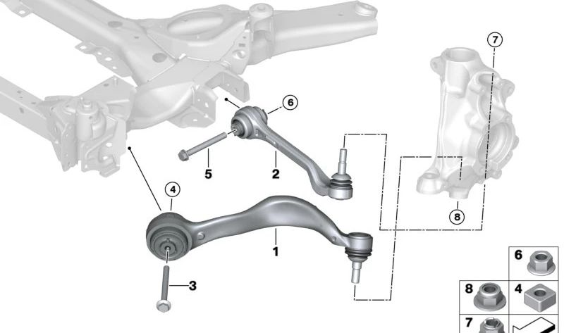 Suspensionsarm mit rechts Silentblock OEM 31106898536 für BMW G26. Original BMW.