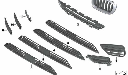 Rejilla inferior central parcialmente cerrada para BMW F25 (OEM 51117347969). Original BMW