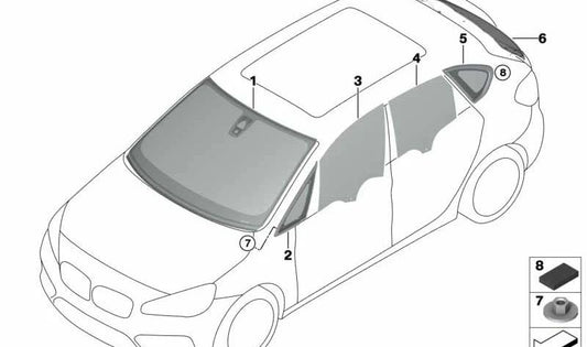 Ventana triangular fija delante a la izquierda para BMW F45, F46 (OEM 51377326155). Original BMW