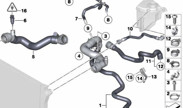 Manguera de refrigerante OEM 17127592440 para BMW F04, E70, E71, E72, E82, E88, E89, F01, F02, F03, F07, F10, F12, F13, F18, F25, F26, F30, F31, F32, F34, F35, F80. Original BMW.