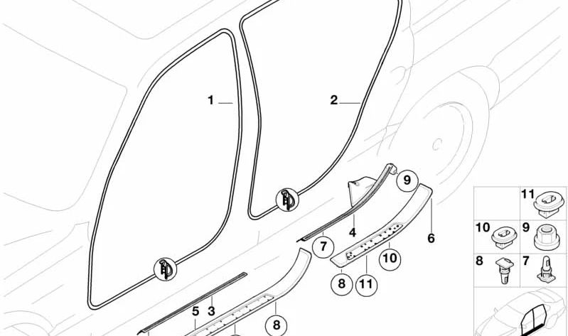 Moldura del umbral de la puerta trasera derecha para BMW E38 (OEM 51478174516). Original BMW