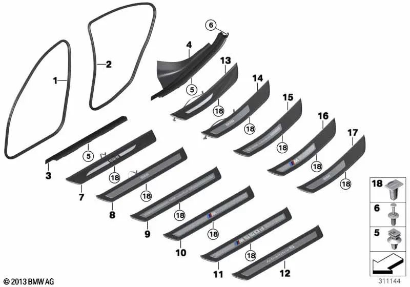 Tira de cubierta de entrada interior trasera izquierda para BMW F10, F11, F18 (OEM 51477358045). Original BMW