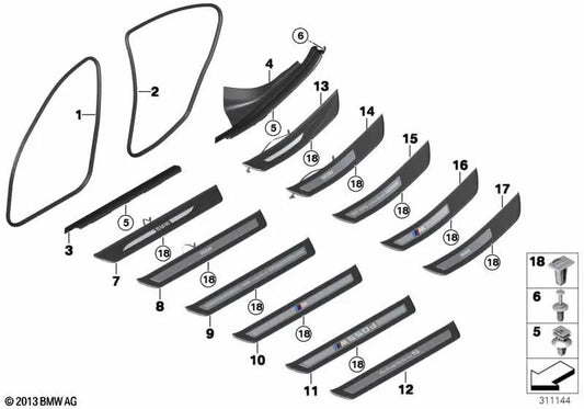 Beleuchtete Einstiegsleiste hinten links für BMW F10N, F11N (OEM 51477337021). Original BMW