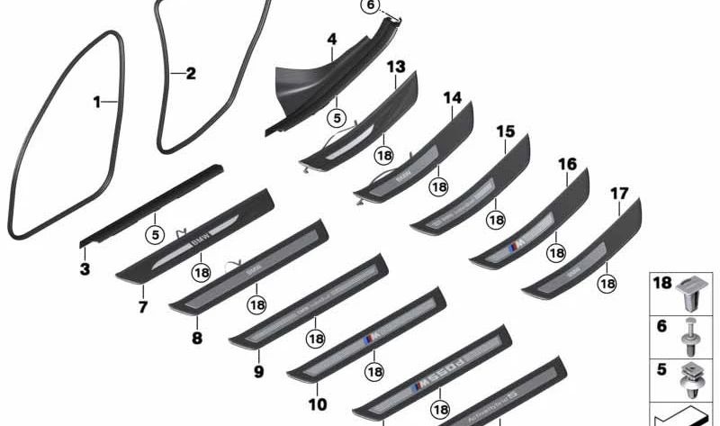 Entrada de moldagem interna OEM traseiro esquerdo OEM 51477358047 para BMW F10, F11. BMW original.