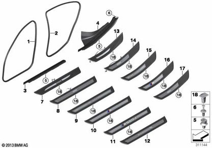 Moulage d'entrée intérieur à droite pour la série BMW 5 F10, F11 (OEM 51477358046). BMW d'origine