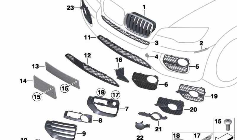 OEM da grade central inferior 51117176282 para BMW E71 (X6) e E72 (X6 Hybrid). BMW original.