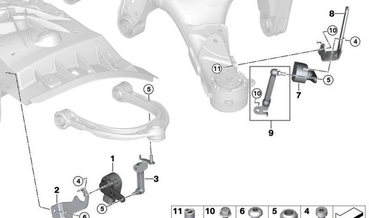 Soporte sensor de nivelación trasero izquierdo para BMW G60, G61, G68, G70, I20 (OEM 37146892223). Original BMW.