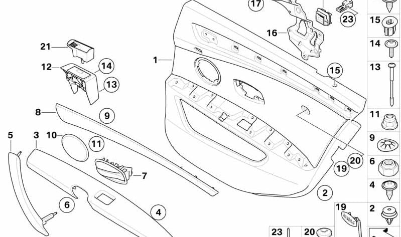 Moldura de bambú para puerta trasera izquierda OEM 51426984687 para BMW E60, E61. Original BMW.