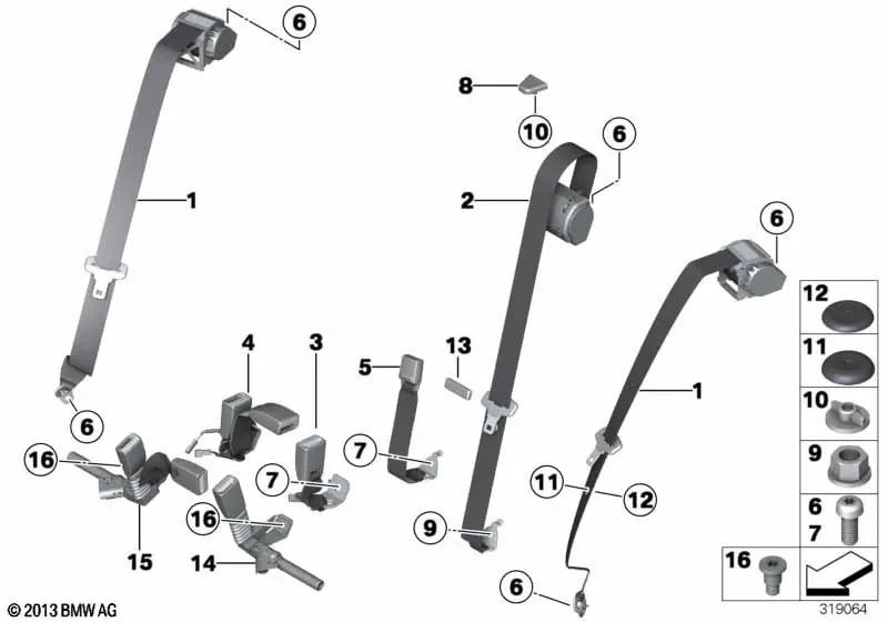 Middle and right rear lower belt for BMW models F30N, F31N, F80N, F36, F36N (OEM 72117375446). Genuine BMW