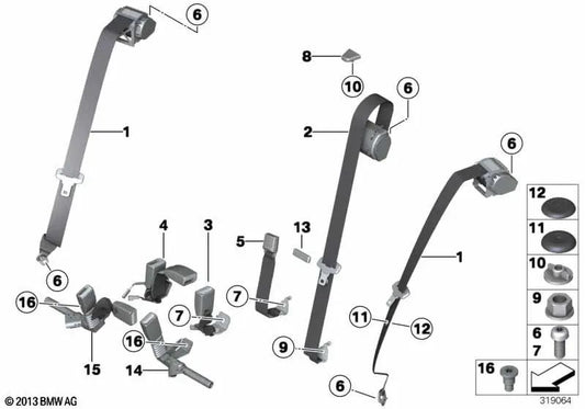 Middle and right rear lower belt for BMW models F30N, F31N, F80N, F36, F36N (OEM 72117375446). Genuine BMW