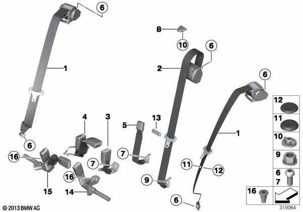 Cinturón superior trasero exterior para BMW Serie 3 F30, F34, F80 (OEM 72117259389). Original BMW