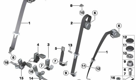 Rear Center Right Seat Belt OEM 72117375448 for BMW F87, F30, F31, F80, F36, F82. Original BMW.