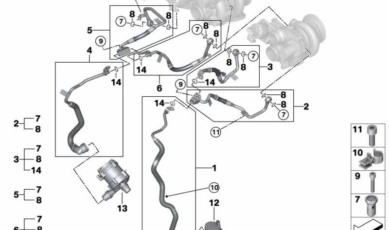 Línea de Refrigerante del Turbocompresor de Escape para BMW X5 G05, X6 G06, X7 G07 (OEM 11539896889). Original BMW