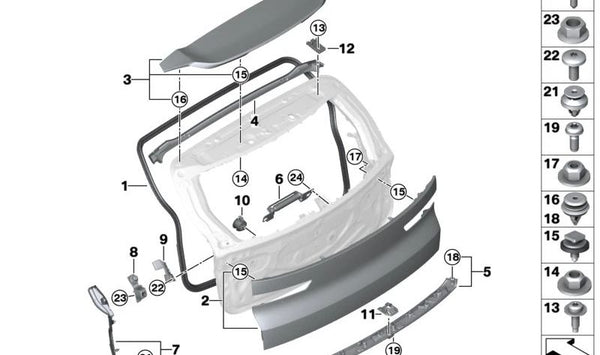 Cuña para el portón trasero izquierda para BMW G09 (OEM 51249451745). Original BMW