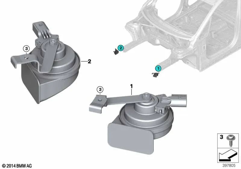 Bocina de tono alto para BMW F45N, F46N (OEM 61337492885). Original BMW.