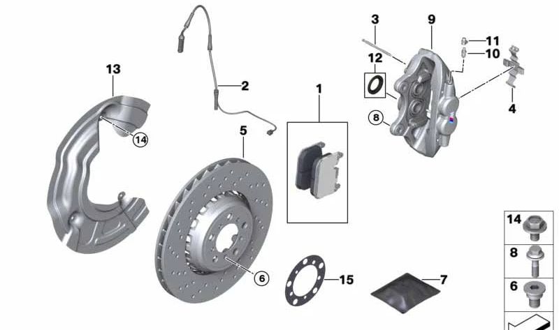 Pinza de freno izquierda OEM 34116799469 para BMW F87, F30, F31, F34, F80, F32, F33, F36, F82, F83. Original BMW.