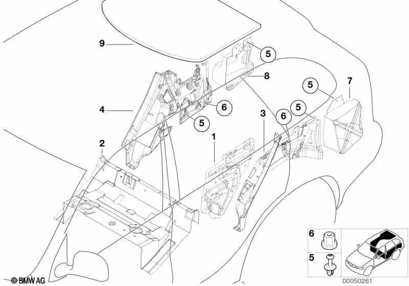 Aislamiento acústico del paso de rueda trasero derecho para BMW X5 E53 (OEM 51488402156). Original BMW