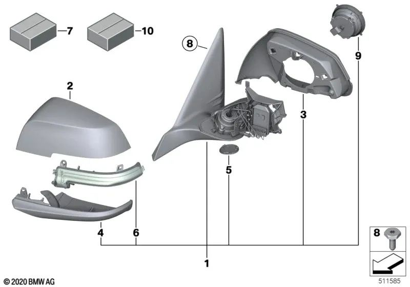 Espejo exterior calefactado derecho para BMW F21, F22, F23 (OEM 51167268576). Original BMW