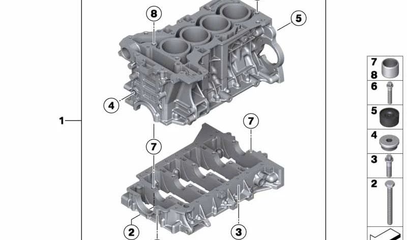 Crankcase with pistons for BMW 2 Series F22, F23, 3 Series F30, F31, F34, F35, 4 Series F32, F33, F36, 5 Series F10, F11, F18, X1 E84, X3 F25 (OEM 11112357459). Original BMW