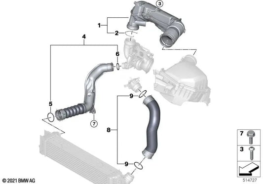 Tubo de aire de carga para BMW Serie 2 U06, X1 U11, U12 (OEM 13718489557). Original BMW.