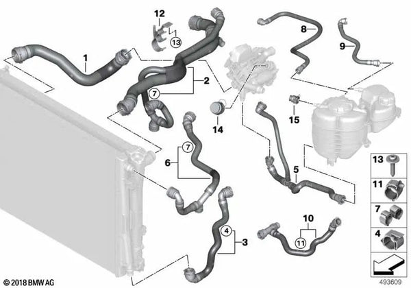 Manguera del cabezal del cilindro al depósito de expansión para BMW G20, G20N, G22, G22N, G26, G26N (OEM 17128654838). Original BMW