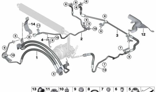 Tubo di ritorno idraulico OEM 32416855259 per BMW F15, F85, F16, F86. BMW originale.