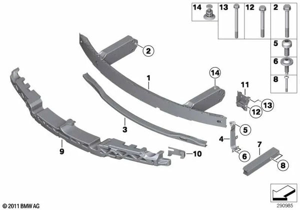 Elemento de deformación delantero inferior derecho para BMW F06, F12, F13 (OEM 51117231968). Original BMW