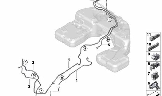 Tubería de combustible de alimentación delantera OEM 16127439969 para BMW G05, G06, G07. Original BMW.