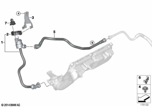 Soporte para la válvula de ventilación del tanque para BMW Serie 5 F07, F10, F11 Serie 6 F12, F13 Serie 7 F01, F02, F04, X5 E70N, X6 E71, E72 (OEM 13907576190). Original BMW.