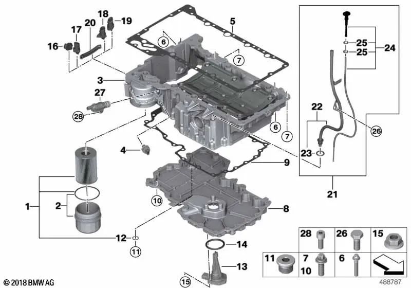 Varilla de medición de aceite con tubo de conducción para BMW Serie 5 G30, G30N Serie 7 G11N, G12N Serie 8 G14, G15, G16 (OEM 11435A47BD3). Original BMW.