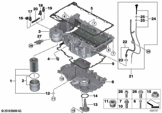 Varilla de medición de aceite con tubo de conducción para BMW Serie 5 G30, G30N Serie 7 G11N, G12N Serie 8 G14, G15, G16 (OEM 11435A47BD3). Original BMW.