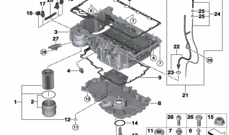 Varilla medidora de aceite con tubo guía OEM 11435A47BD0 para BMW G05, G06, G07. Original BMW.