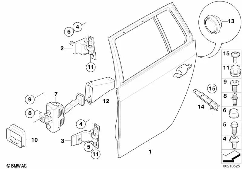 Bisagra de puerta trasera inferior derecha para BMW Serie 5 E60, E60N, E61, E61N (OEM 41527200246). Original BMW