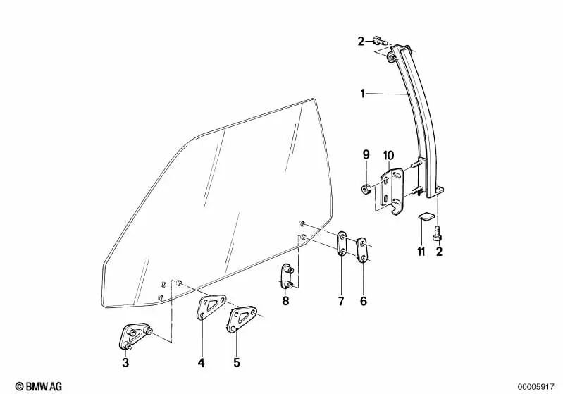 Guía de ventana delantera derecha para BMW E24 (OEM 51331888042). Original BMW