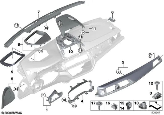 Oxidsilberne Beifahrer-I-Tafel-Abdeckung für BMW G30, G31, G32 (OEM 51459378020). Original BMW