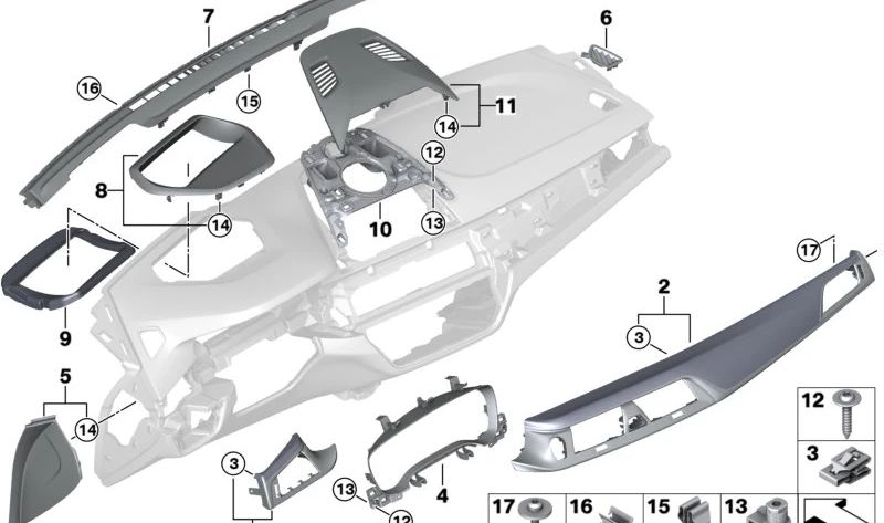 Cubierta del tablero Fineline en Cromado Perlado para BMW Serie 5 G30, G31, G38, Serie 6 G32 (OEM 51459383383). Original BMW