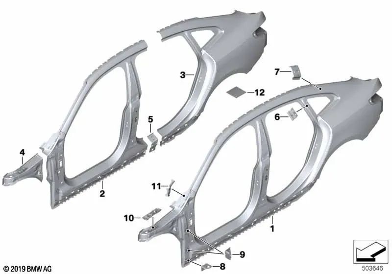 Extensión soporte paso de rueda derecho para BMW F40, F70, F44 (OEM 41219498396). Original BMW.