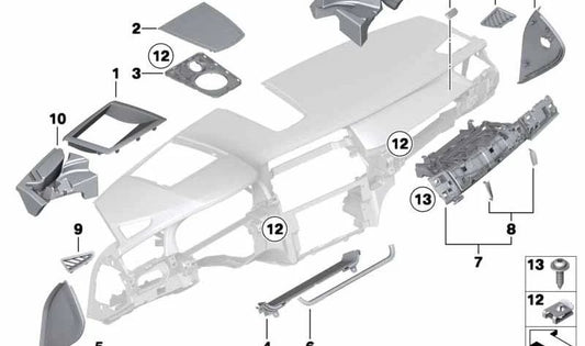 Cubierta de la tobera del descongelador izquierda para BMW Serie 7 F01, F02 (OEM 51459180593). Original BMW