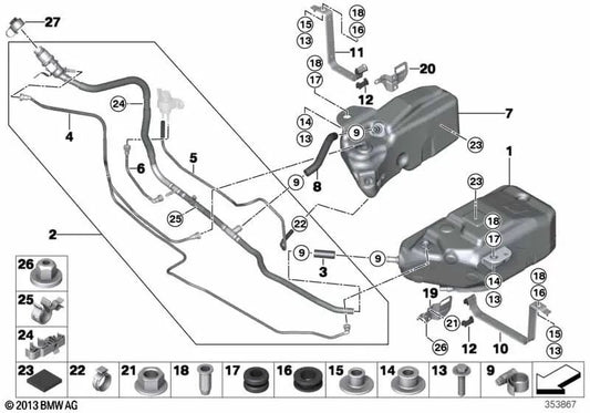 Correa tensora del recipiente activado para BMW F07N, F10N, F11N (OEM 16197212609). Original BMW.