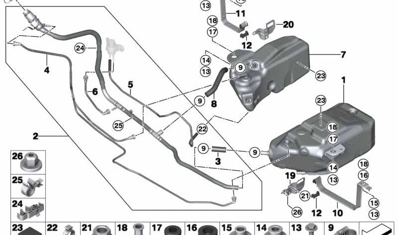 SCR filling system for BMW 5 Series F07N (OEM 16197315649). Original BMW.