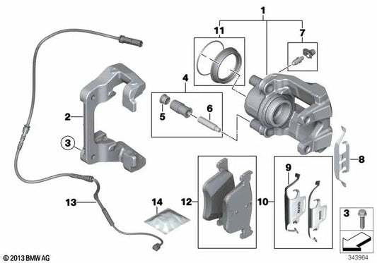 Linkes Bremssattelgehäuse für BMW F20, F20N, F21, F21N, F22, F22N, F23, F23N (OEM 34116850643). Original BMW.